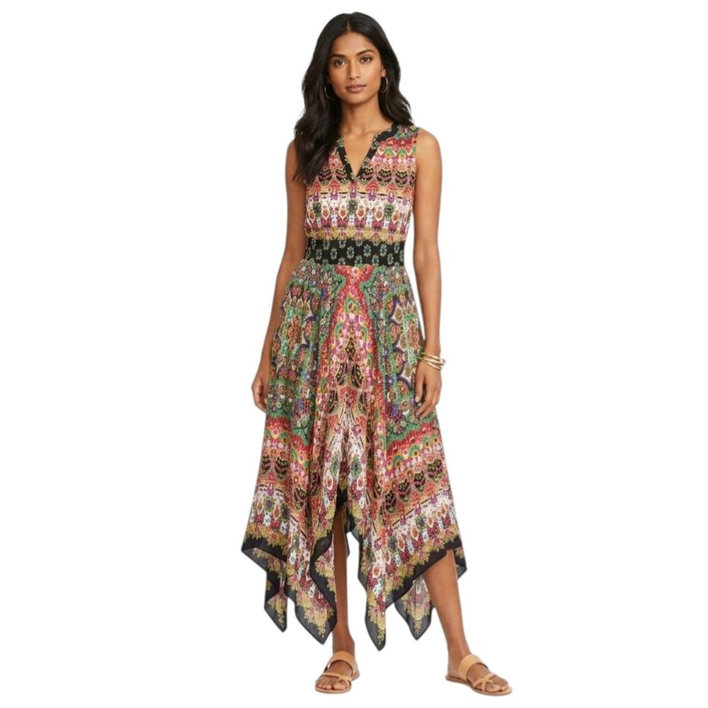 Bila Women XL Maxi Dress Multicolor Boho Paisley Smocked Waist Sharkbite Hem‎